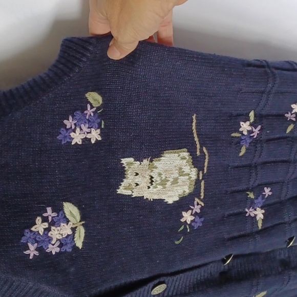 Vtg Northern Reflections Floral Kitty Knit Sweater Vest Embroidered Garden sz L - Picture 2 of 5